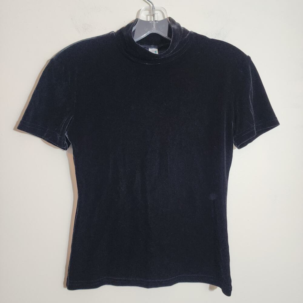 Victoria's Secret black plush velvet short sleeve mock turtleneck top woman sz S